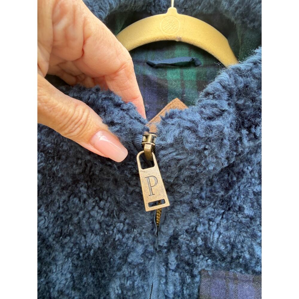 Pendleton Teal Hi Pile Fleece Teddy Jacket Plaid Trim Full Zip Sz M Outdoor Cozy - Picture 7 of 13